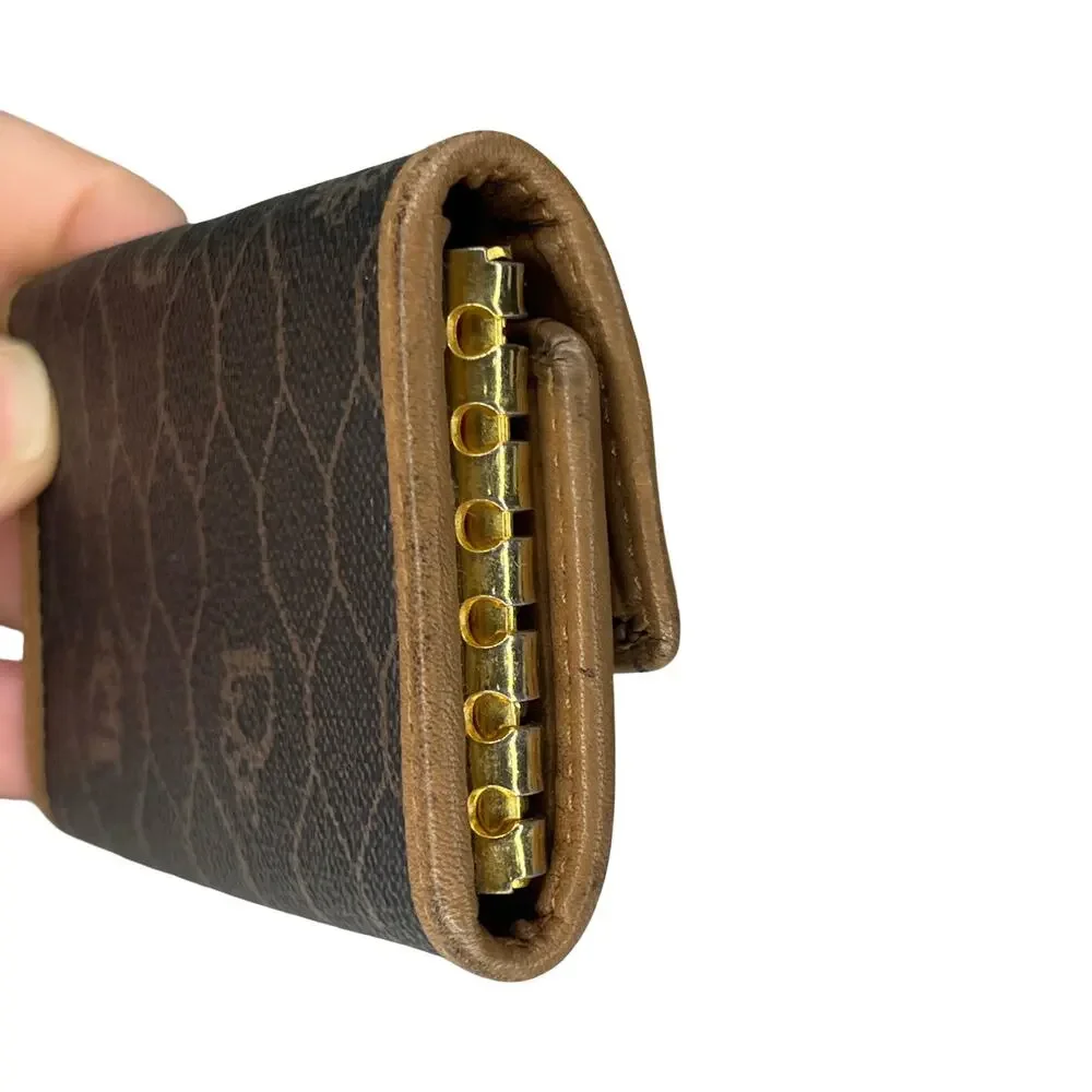 Christian Dior Vintage Honeycomb Key Case Brown Trim Gold Plaque Made in Spain
